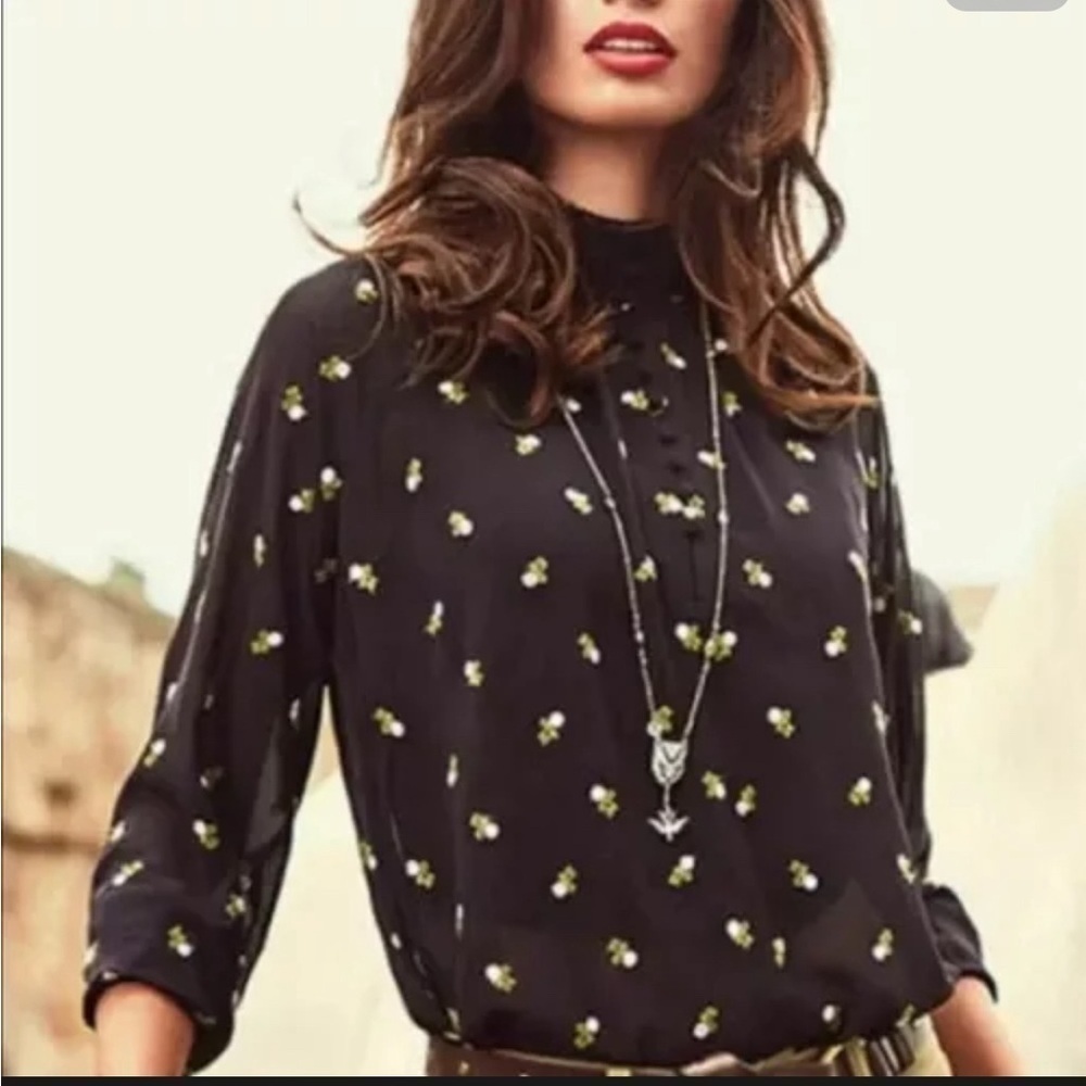 Cabi Medium Top Black Sheer Floral Embroidered Mock Neck Quarter Button‎ Down